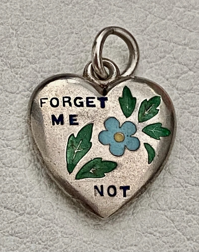 Antique Green Enamel Forget Me Not Sterling Silver Puffy Heart Charm Mono FANNIE Charms