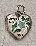 Antique Green Enamel Forget Me Not Sterling Silver Puffy Heart Charm Mono FANNIE Charms