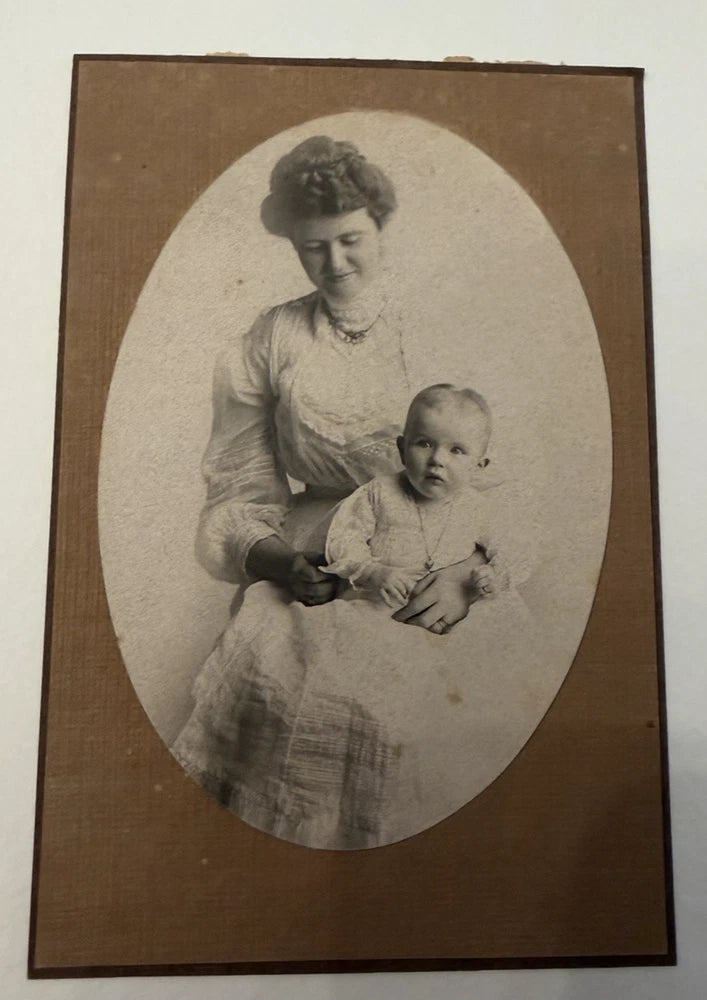 Vintage / Antique Oval Photo on Board - Black and White Mother With Baby Model