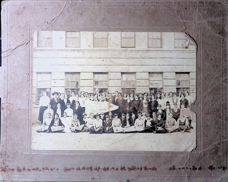Vintage Antique Board Photograph Large Group School Children Building Exterior Model
