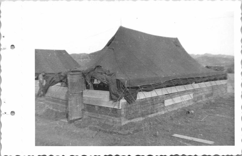 1952 US Army Base Camp Tent Board Side Walls Korean War Vtg GI Photo Snapshot Model