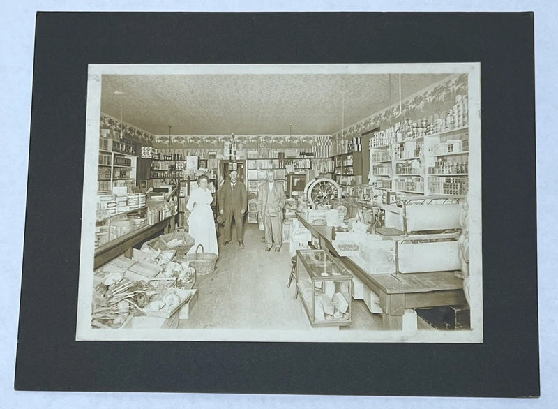 PHOTO ON BOARD Men & Woman Standing in a General Store Antique Cabinet Card Model