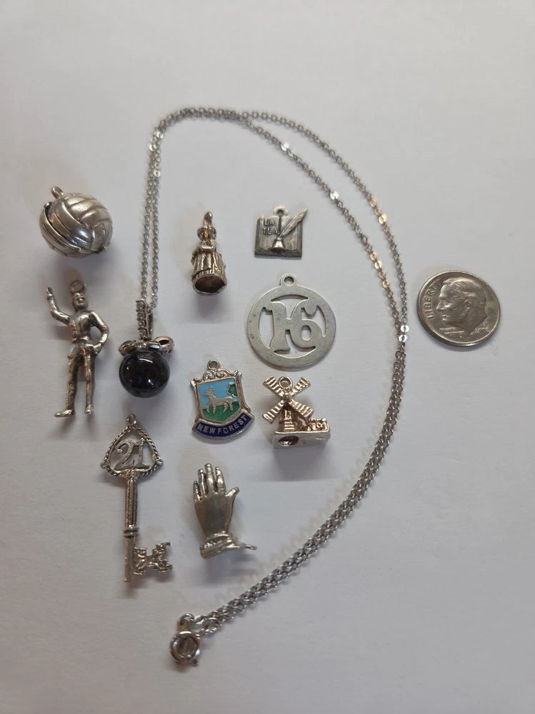 Sterling Silver ~ Lot Of 10 ~ 9 CHARMS & 1 - 17" Necklace ~  VINTAGE Charms