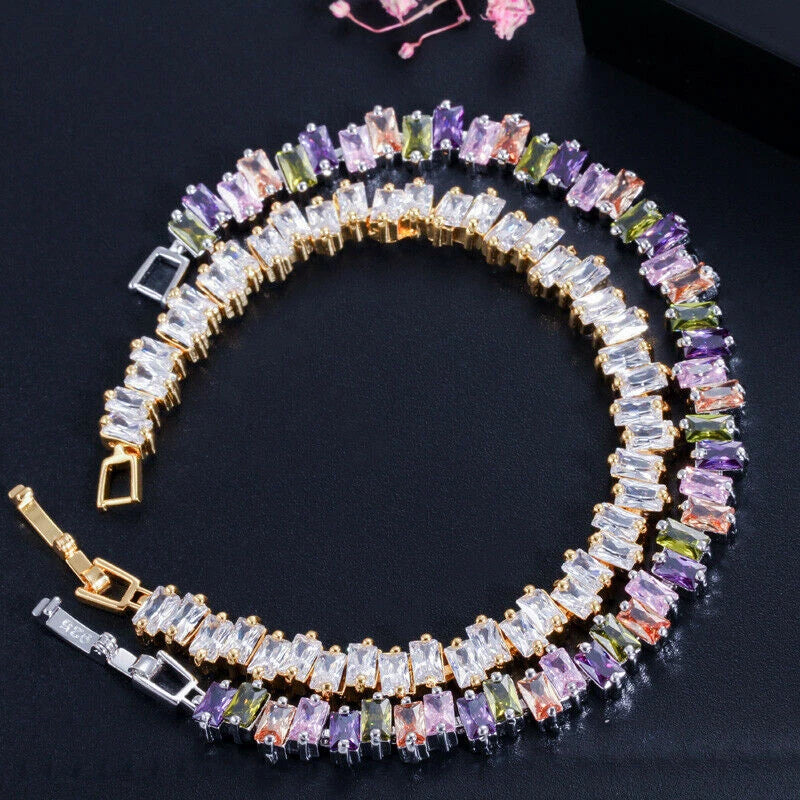 Luxury Gold Color White Cubic Zirconia Crystal Baguette Charms Women Bracelet Charms