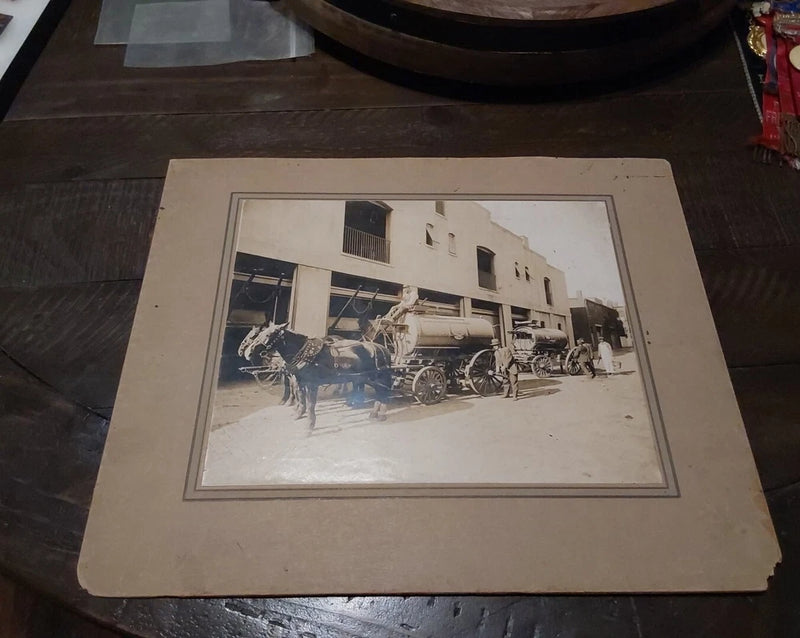 1900s Large Photo On Board Lebanon PA Street Cleaning Water Tanks Horse Wagons Model