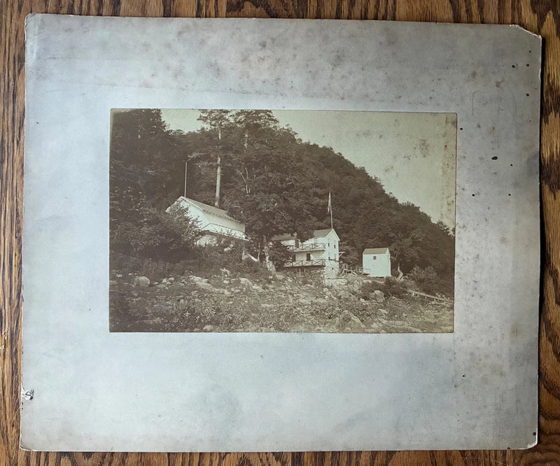 Antique Mounted Photo Rocky Wooded Hillside White Buildings Porches Flagpole Model
