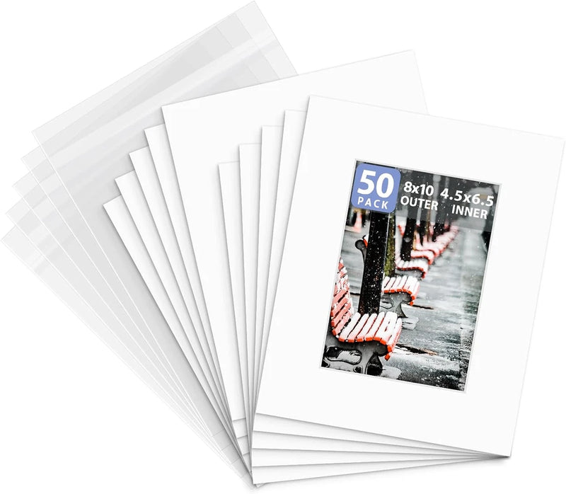 50 Pack 8x10 White Picture Mats White Core Beveled Mat Boards for 5x7 Photos Model