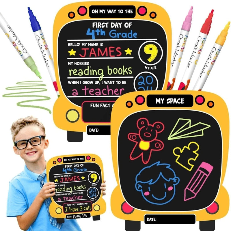 Funcils First Day Of School Board for Kids Drawing Chalkboard Back to School Bus Model