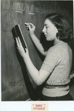 School teacher w chalk by black board vintage art photo Model