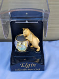 Elgin Quartz Gold Cat Figurine Fishbowl Collectable Mini Clock in Display Case Model