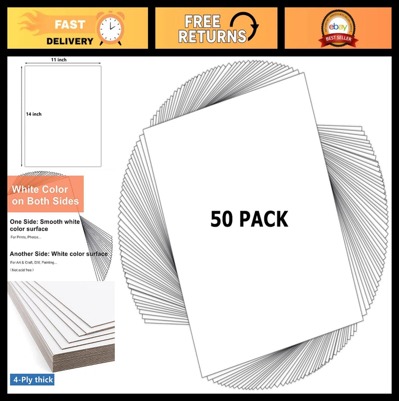 50 Pack Uncut Picture Mat Boards 11x14" White Backing for Photos, Art & Crafts Model