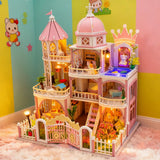 DIY Pink Castle Dollhouse Kit with LED Light, Miniature 3D Wooden Puzzle Model