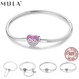 MULA European 925 Sterling Silver Heart Clasp Charm Bracelet for Women Jewelry Charms