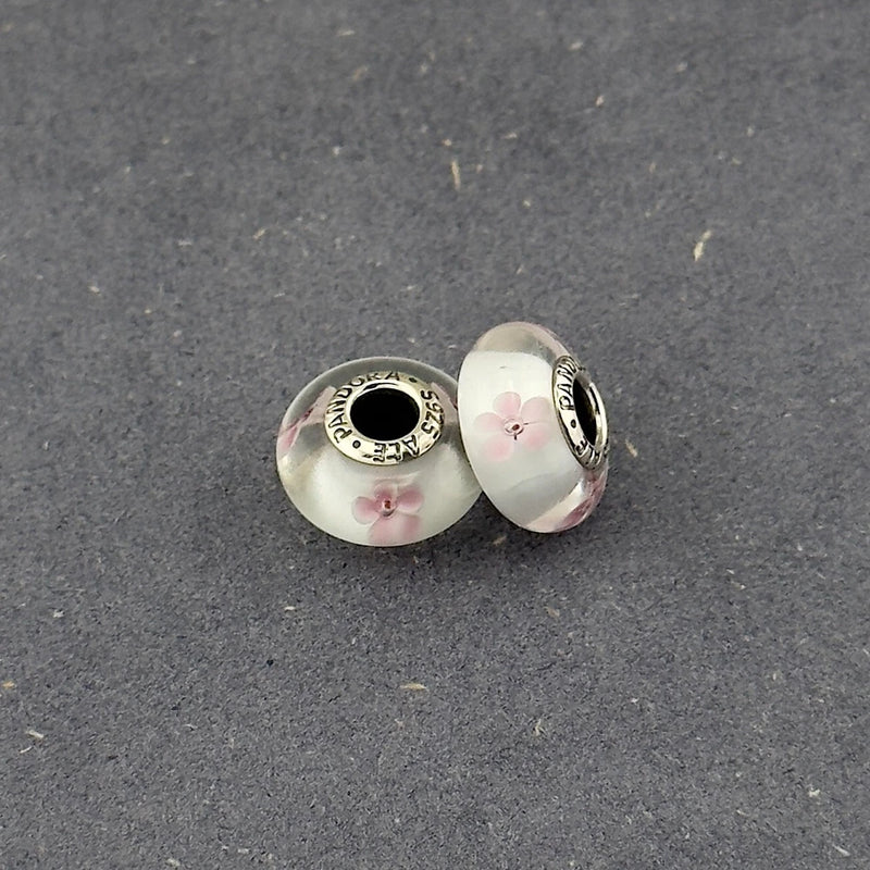 Pandora Set Of Two white/pink blossom Murano Glass Charms Sterling silver Charms