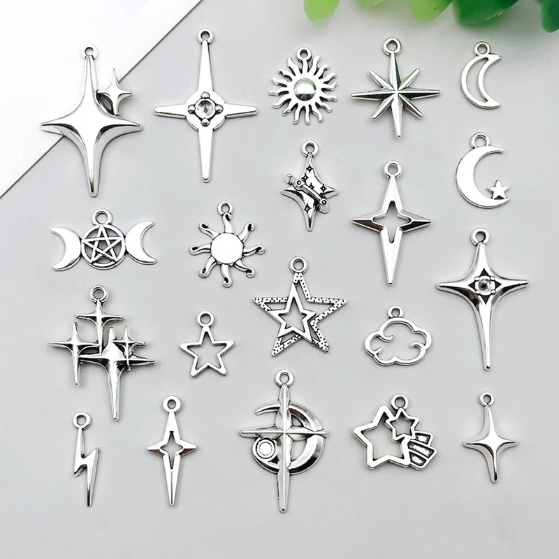 BULK 100Pcs Star Moon Charms DIY Jewelry Making Pendants Antique Silver Charms