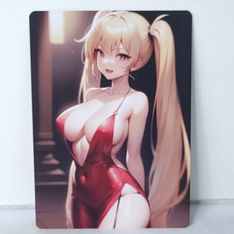 Red Dress Pigtail Double Sided Waifu Card Anime Girl Wall Art Oversized Board A5 Model