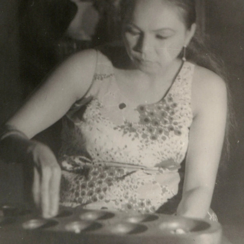 c1970s Woman Playing Mancala Board Game 6" Snapshot Photo Sungka Congkak Dress Model