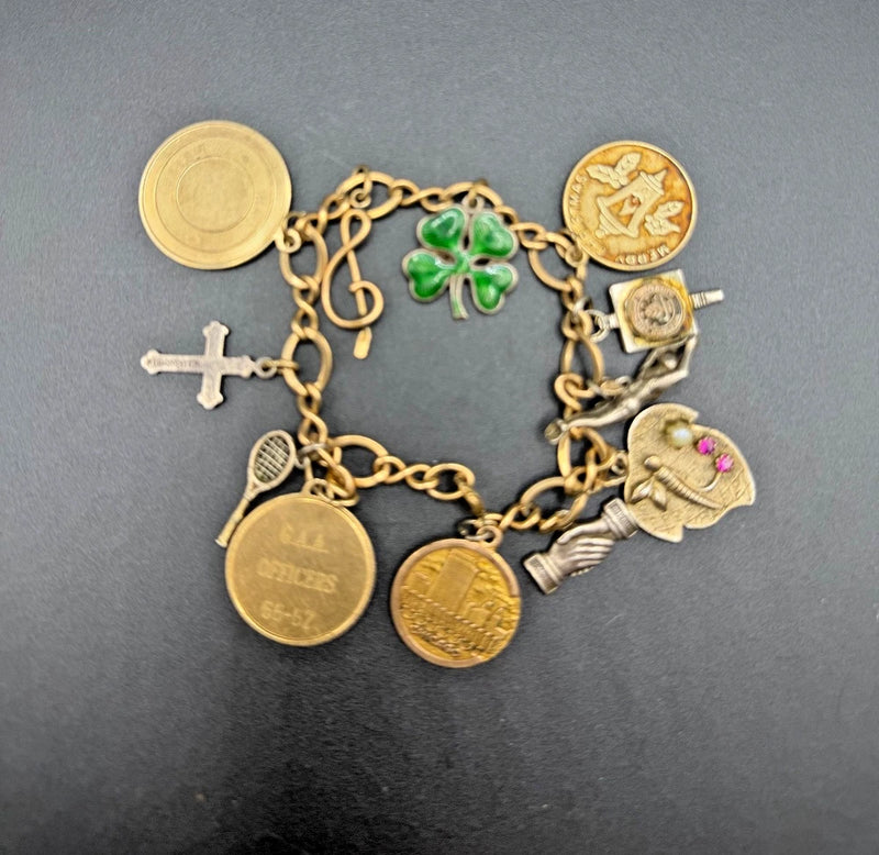 1960s VTG Charm Bracelet 12 Charms Sports Clubs Holiday Music Sterling & GF Charms