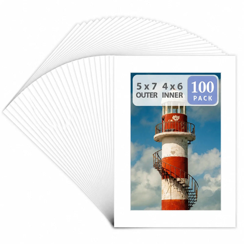 100Pack 5x7 White Picture Mat Boards Fits 4x6 White Core 4-Ply Acid-Free Pre-Cut Model