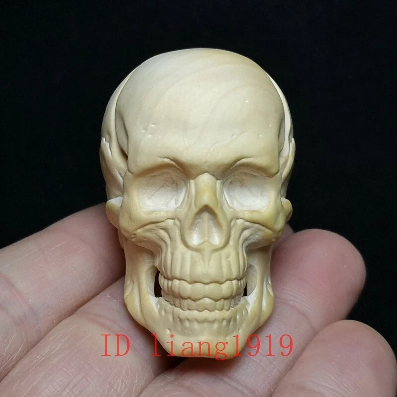 2 Inch Chinese Boxwood Wood Hand Carved Skull Figurine Statue Netsuke Collection Model