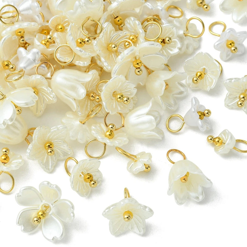 80x Plastic Imitation Pearl Flower Dangle Charms Pendants for DIY Jewelry Making Charms