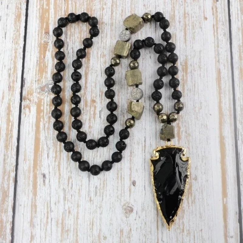 Lava Obsidian Mala Bead Healing Meditation Men Women Knotted Pendant Necklace Charms