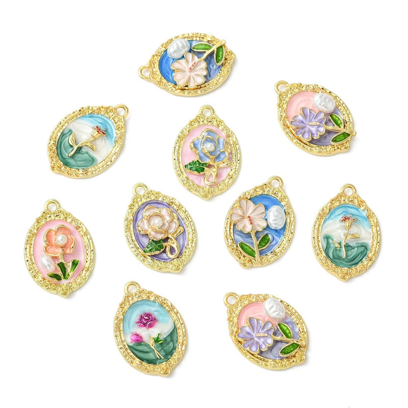 14x Alloy Flower Pearl Charms Oval Pendants for Earrings Necklace Jewelry Making Charms