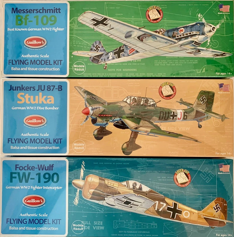 3 Flying Model Kits-Guillow's Balsa Wood, WWII German Warplanes  SMU-502-505-508 Model
