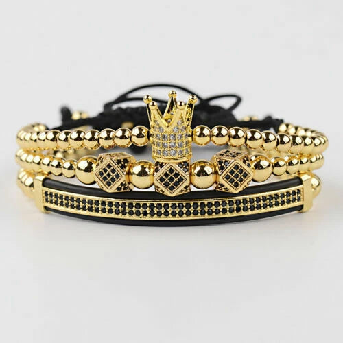 3Pcs Luxury CZ King Crown Bracelets Men's Women Charm Beads Bracelets Jewelry Charms