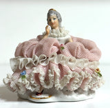 Sandizell Hoffner Dresden Lace Sitting Lady Figurine Pink White Roses Germany 3" Model