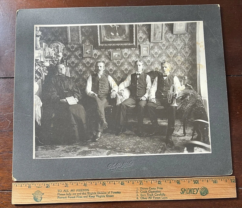 Vintage Photo on Board, Family in Sitting Room, Brass Instrument, Chicago Model