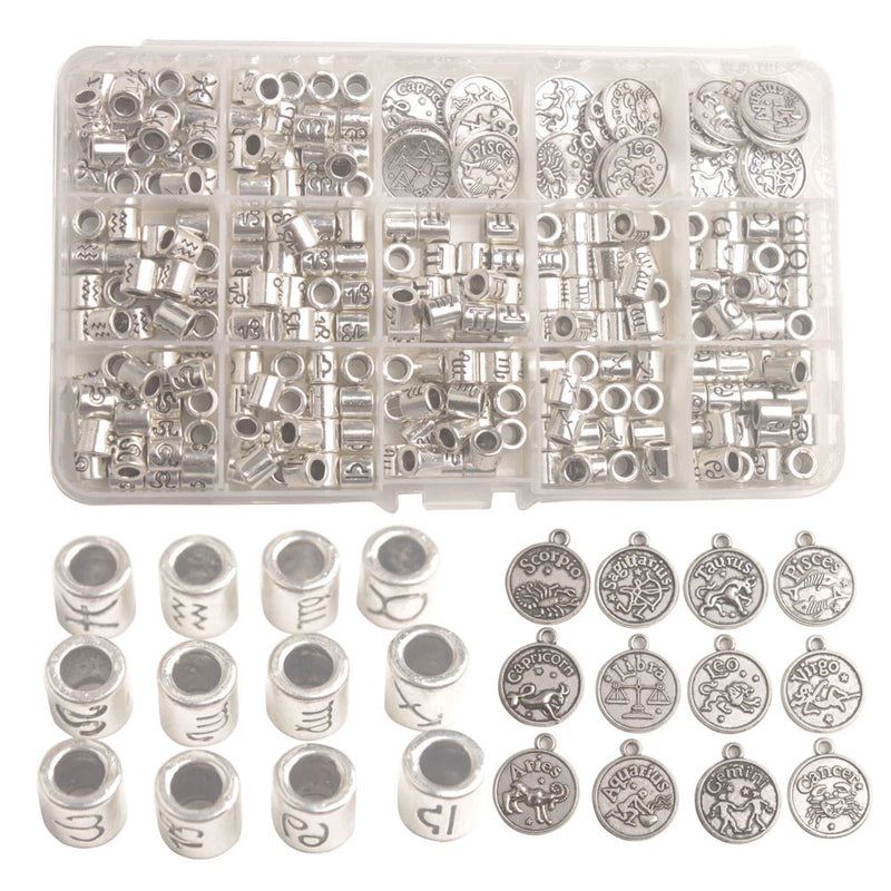 One Box of 264PCS Antiqued Silver Metal Cylinder Zodiac Beads Sign Charms FP Charms