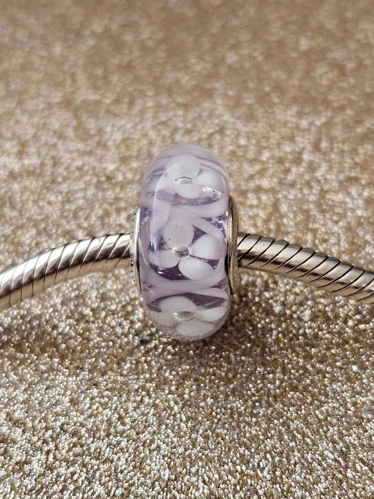 Authentic Pandora Silver Purple Field Of Flowers Murano Charm Charms