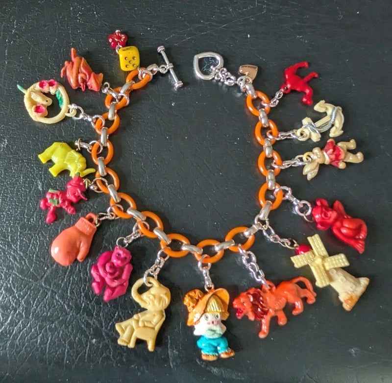 Vintage Charm Bracelet w RARE Celluloid Charms Pinocchio Witch Elephant Windmill Charms