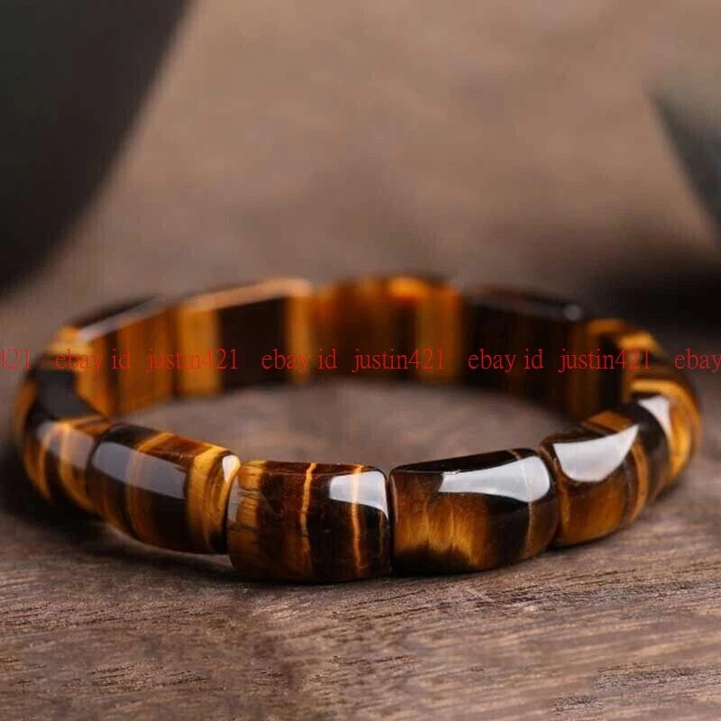 Natural Tiger's Eye Stone Bracelet Brown Gemstone Stretch Bracelet for Men 7.5" Charms