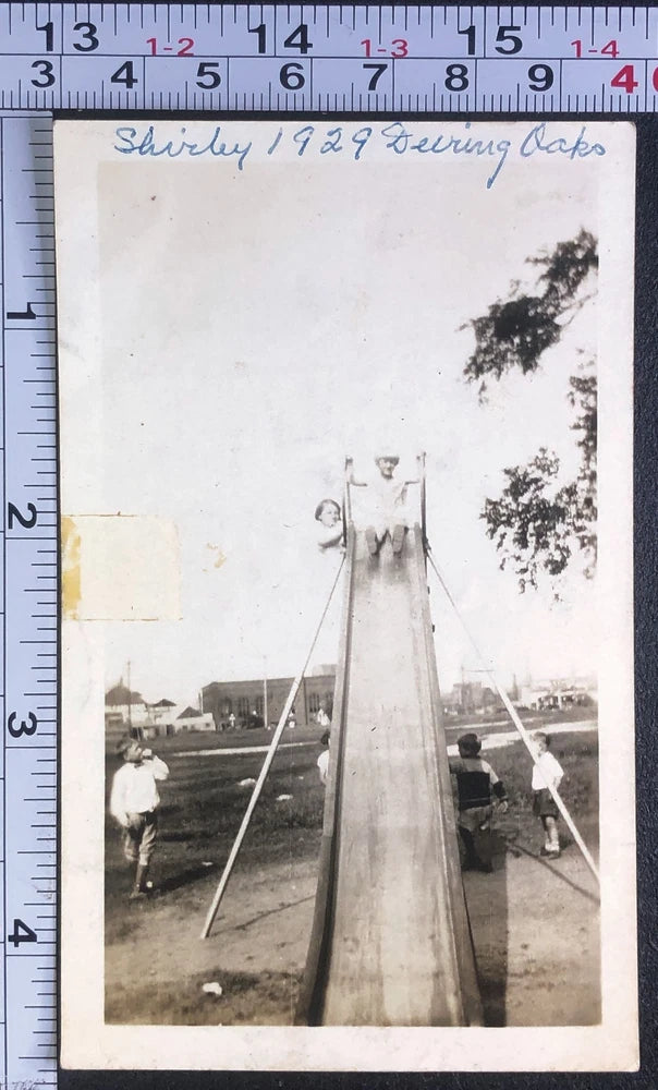 1929 Little Girl Sliding Board Ride Deering Oaks Park BW Photo Snapshot Model