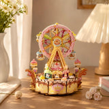 DIY Wooden Music Box Kit, Ferris Wheel Mechanical Model with LED Lights Model