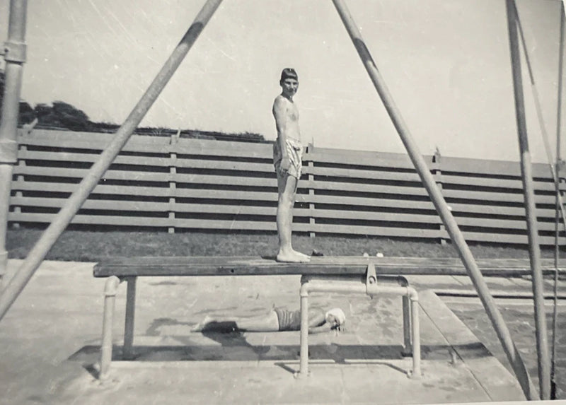 1950s Young Man on Pool Diving Board Lady Sunbathing Swimsuits Real Photo P18d14 Model