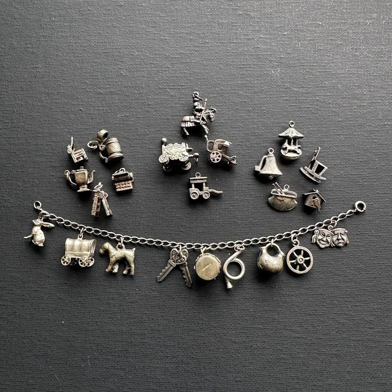 Vintage Charm Bracelet Some Sterling Articulated Signed Dog Beer Stein Knight Charms