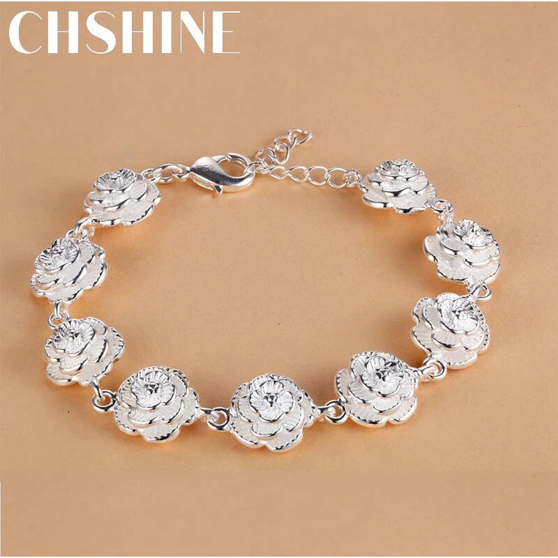925 Sterling Silver Rose Flower Chain Bracelet For Women Fashion Pretty Jewelry Charms