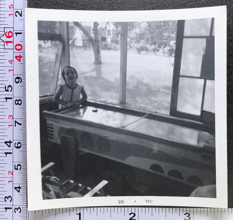 Little Girl Playing Shuffle Board Old Game Vintage BW Photo Snapshot Model