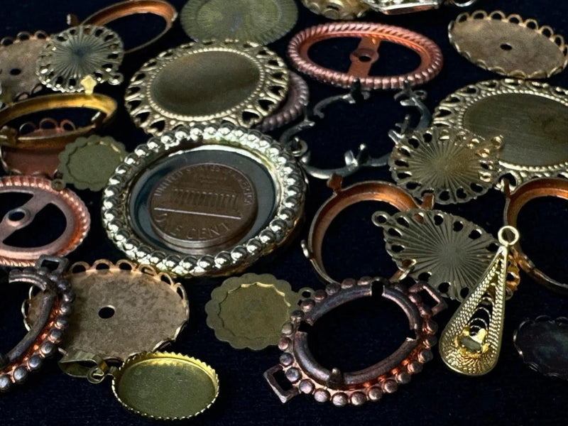 Vintage Metals Bezel Settings Charms Mix Quarter Pound 60 Charms