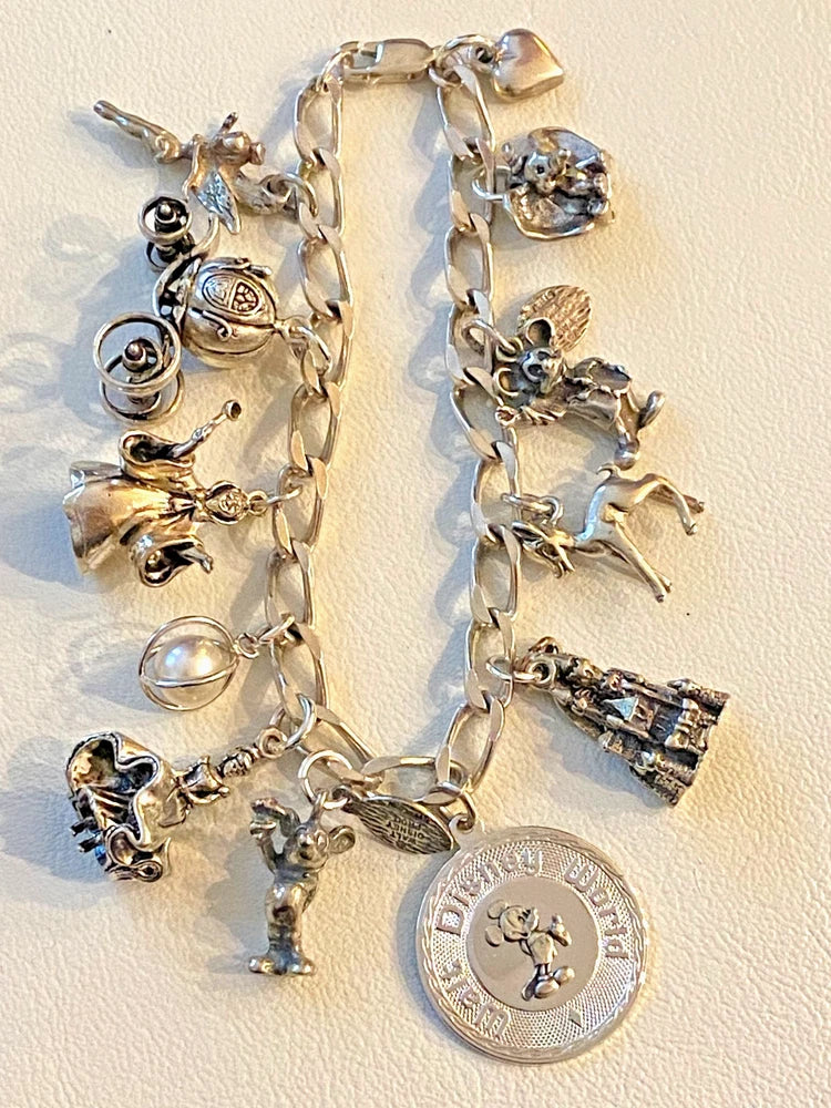 12 Vintage DISNEY Sterling Silver Charms Bracelet CINDERELLA signed Charms