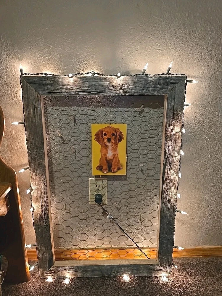 Reclaimed Rustic Barnwood Lighted Chicken Wire Photo/Message Board 12 Mini Pins Model