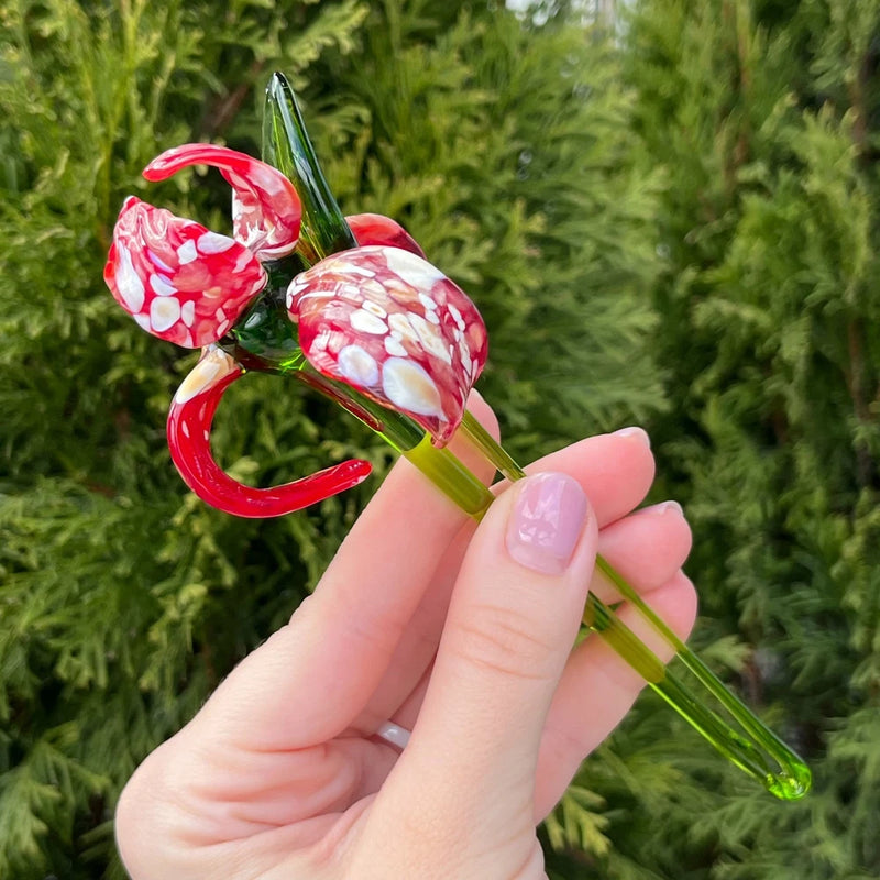 Red White Glass Iris Flower Hand Blown Art Glass Long Stem Floral Decor Gift Model