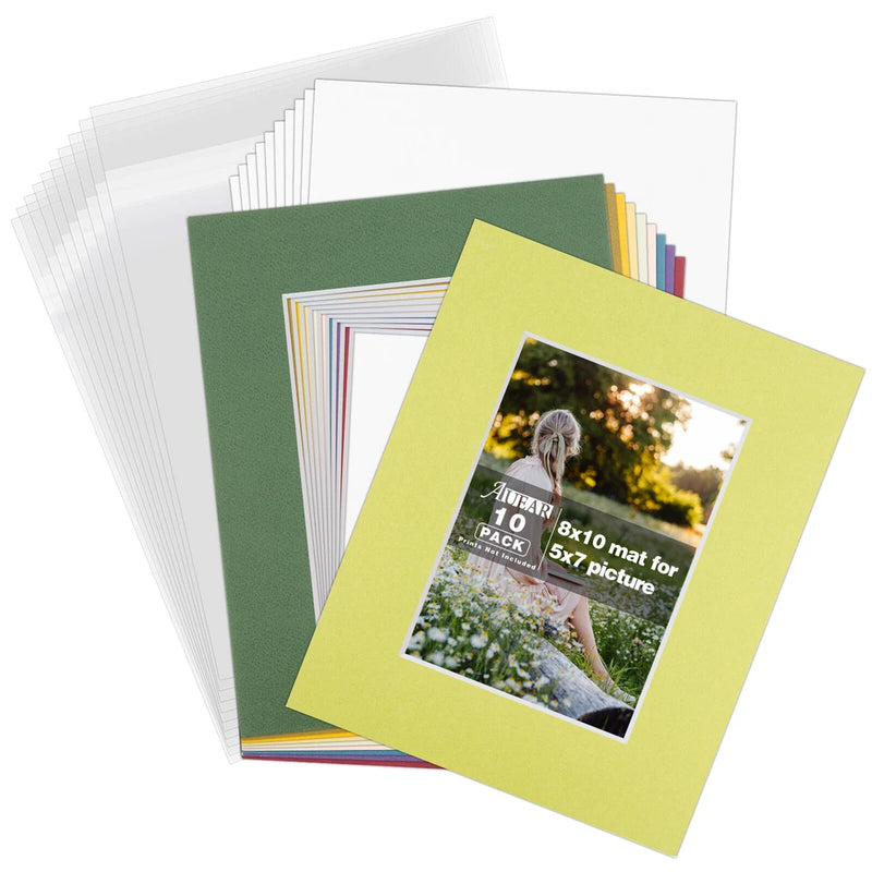 10 Pack 8x10 Clear Photo Mat Set Fits 5x7 Acid-Free Backing + Clear Bags Picture Model