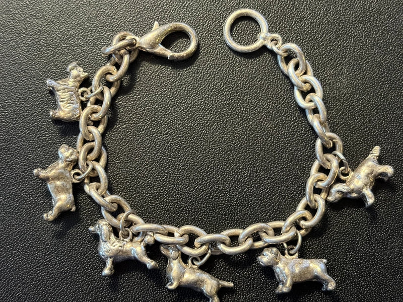 Vintage Silver Tone Charm Bracelet 6 Dogs,  7 inches long Charms