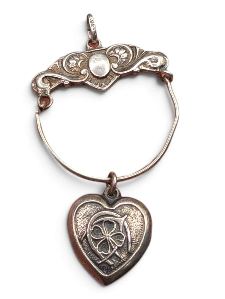 Vintage Sterling Silver Charm Holder Pendant & Sweetheart Lucky Signs Heart Charms