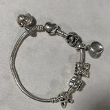 Silver Tone Snake Chain Pandora Charm Bracelet Barrel Closure w/ Dangle Charms Charms