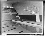 Photo:1940s Indoor Swimming Pool Diving Board Bleachers Empty Lap Pool Model